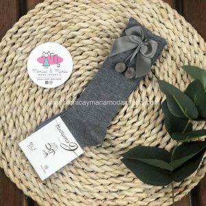 Calcetin alto borlon lazo gris